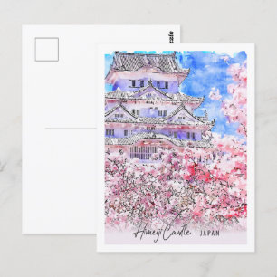 Cartão Postal Castelo Himeiji Japão Local de Viagem Aquarela