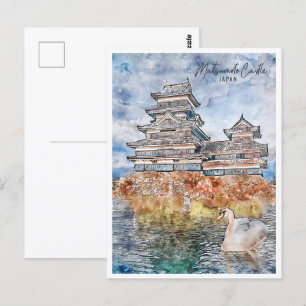 Cartão Postal Castelo Matsumoto Japão Local de Viagem Aquarela