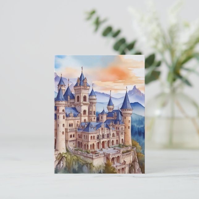Cartão Postal Castelo renascentista nas montanhas. Tecnologia AI (Em pé/Frente)