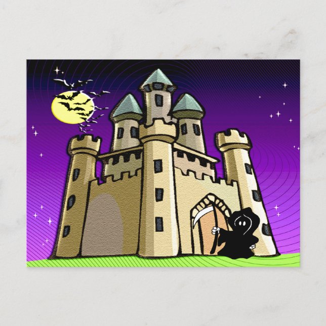 Cartão Postal Castle Bats e Grim Reaper na Porta do Castelo (Frente)