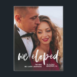 Cartão Postal Casual Script | Anúncio de duas execuções de fotos<br><div class="desc">Este simples e moderno cartão postal de anúncio de elopemento de casamento mostra uma foto pessoal de casamento na frente, com as palavras "nós fugimos" em um roteiro casual, branco e escrito à mão. A parte traseira do cartão tem espaço para se aprofundar nos detalhes do seu elopemento ou fornecer...</div>