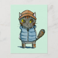 Cat com Beanie e Down Vest Watercolor