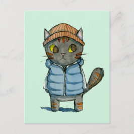 Cartão Postal Cat com Beanie e Down Vest Watercolor