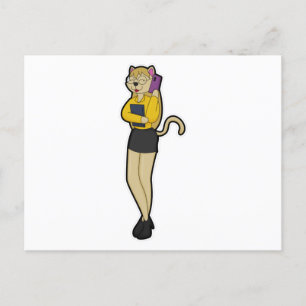 Cartão Postal Cat como Secretário com Laptop e telefone celular