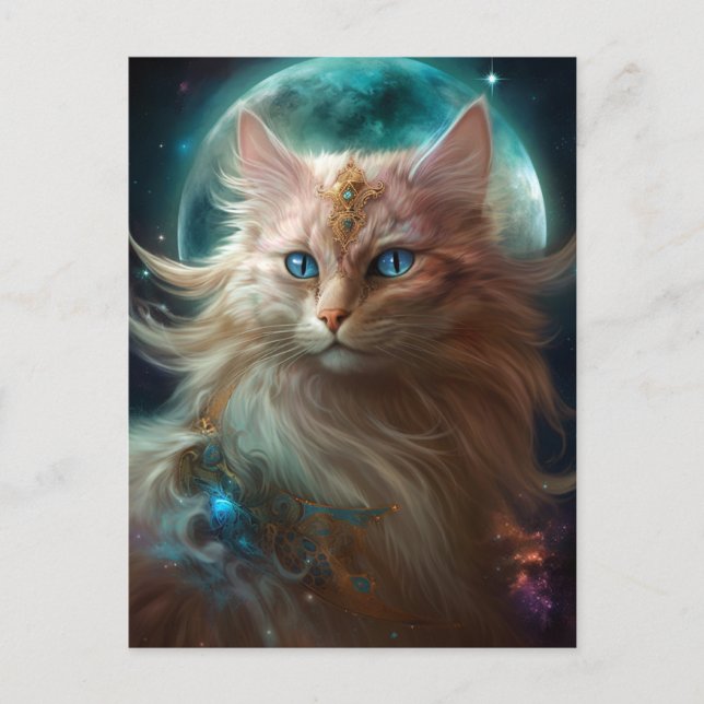 Cartão Postal Cat Full Moon Fantasy Art (Frente)
