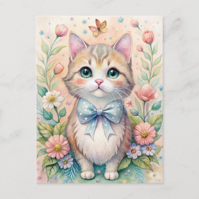 Cartão Postal Cat Kitten Pastel Bow Wildflowers  (Frente)