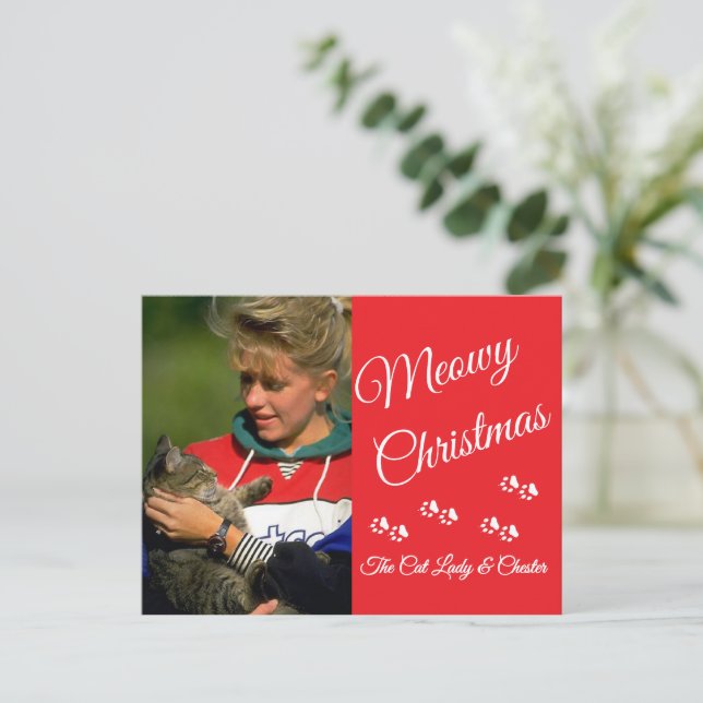 Cartão Postal Cat Lady Christmas Photo Holiday Paw Prints Red (Em pé/Frente)