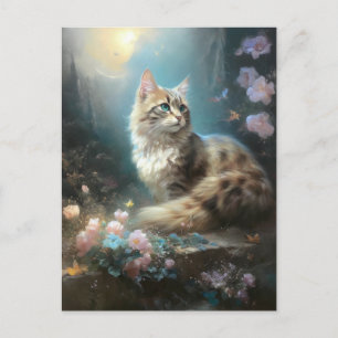 Cartão Postal Cat Landscape Flowers Fantasy Art