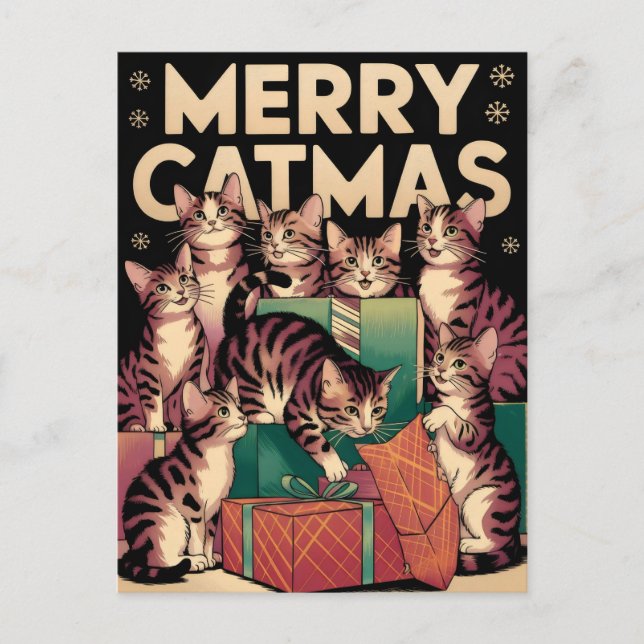 Cartão Postal Cat Lover Natal Engraçado Vintage (Frente)
