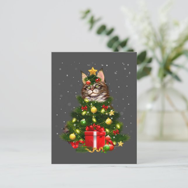 Cartão Postal Cat Maine Coon Cat Xmas Tree Lights Cat Lover Ugly (Em pé/Frente)