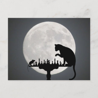 Cartão Postal Cat N Mouse Play Chess Full Moon