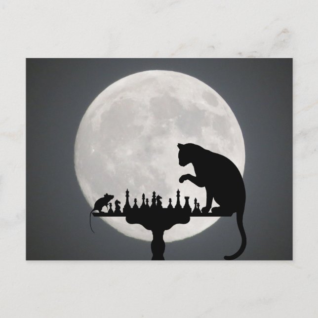 Cartão Postal Cat N Mouse Play Chess Full Moon (Frente)
