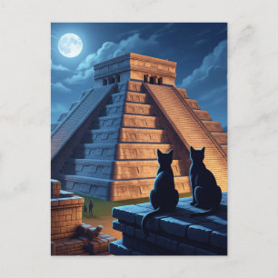 Cartão Postal Cat na Noite de Chichen Itza no México