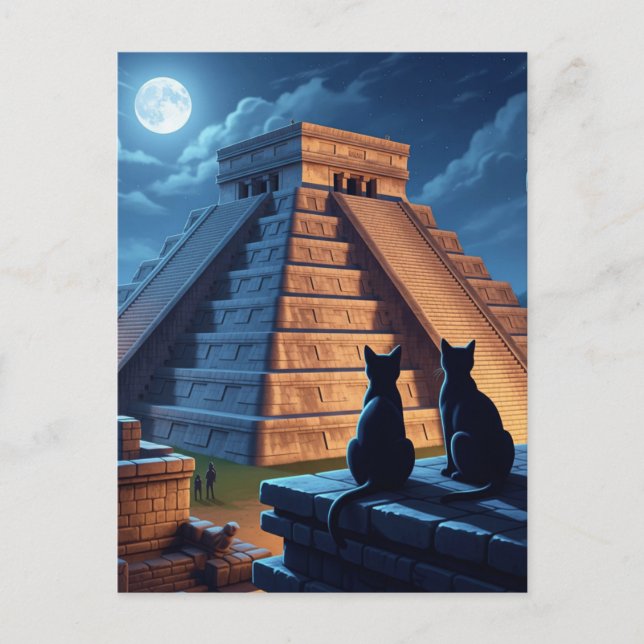 Cartão Postal Cat na Noite de Chichen Itza no México (Frente)