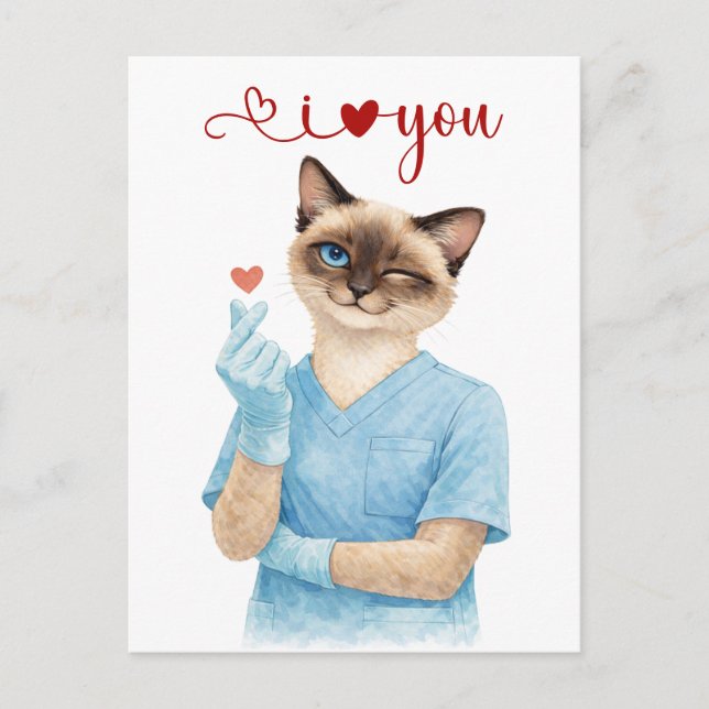 Cartão Postal Cat Nurse with Mini Heart sending Love (Frente)