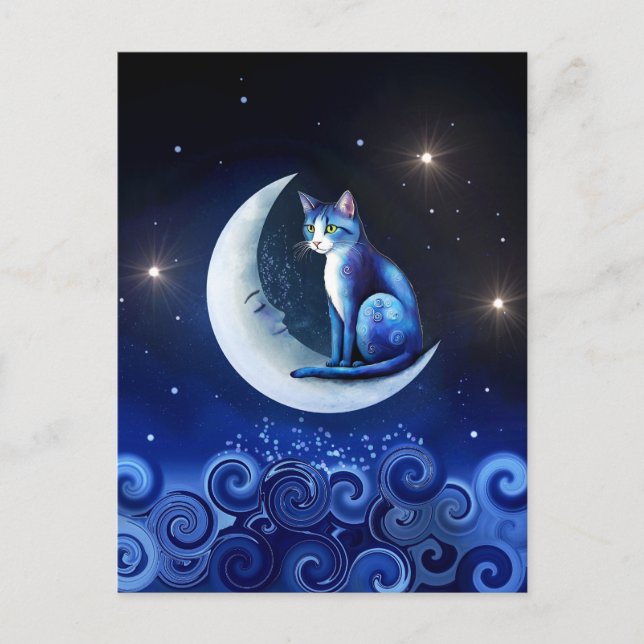 Cartão Postal Cat on Crescent Moon Blue Cat 773 (Frente)