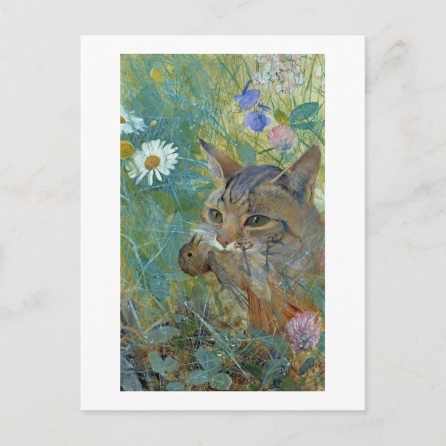 Cartão Postal Cat pegou um pássaro, Bruno Liljefors (Frente)