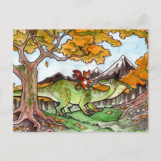 Cartão Postal Cat Rides um Dinossauro (Frente)
