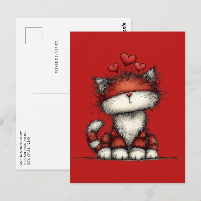 Cartão Postal Cat with Red Hearts Cute and Fun (Frente/Verso)