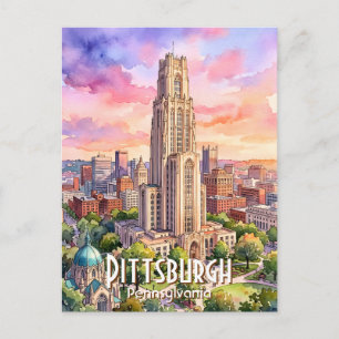 Cartão Postal Catedral de Aprendizado de Pittsburgh em Aquarela 