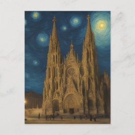 Cartão Postal Catedral de Barcelona no Estilo Night van Gogh