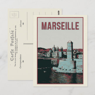 Cartão Postal Catedral de Marselha e ilustração portuária França