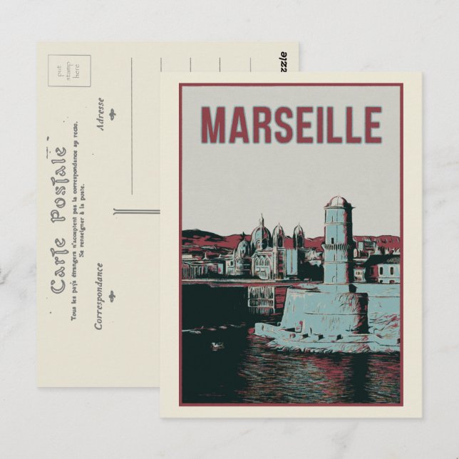 Cartão Postal Catedral de Marselha e ilustração portuária França (Frente/Verso)