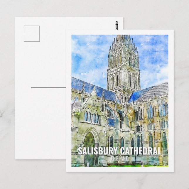 Cartão Postal Catedral de Salisbury Viagem Place Watercolor (Frente/Verso)