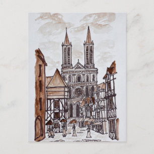 Cartão Postal Catedral e Casas Normandas   Quimper, França