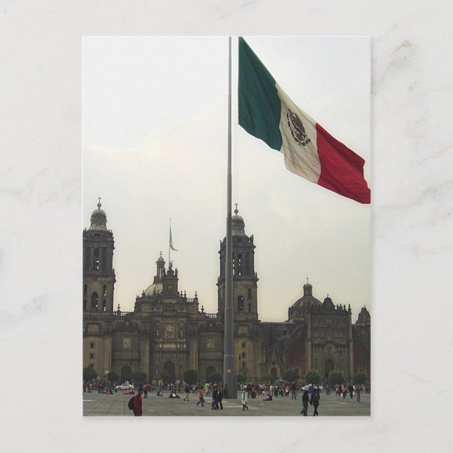 Cartão Postal Catedral en el Zocalo del DF & la Bandera Mexicana (Frente)