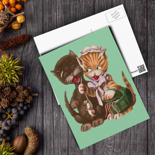 Cartão Postal Cats Vintage Rats Gift Basket