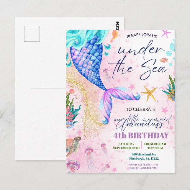 Cartão Postal Cauda de sereia Aquarela Aniversário Sob o Mar (Frente/Verso)