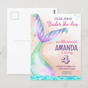 Cartão Postal Cauda de sereia Aquarela Aniversário Sob o Mar