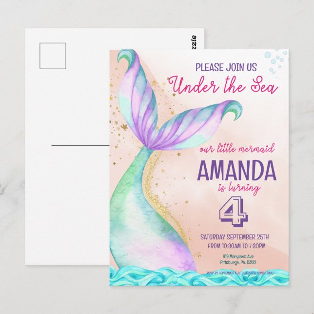 Cartão Postal Cauda de sereia Aquarela Aniversário Sob o Mar (Frente/Verso)