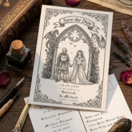 Cartão Postal Cavaleiro Gótico Medieval Noiva Noivo Salva a Data