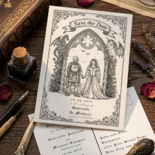 Cartão Postal Cavaleiro Gótico Medieval Noiva Noivo Salva a Data