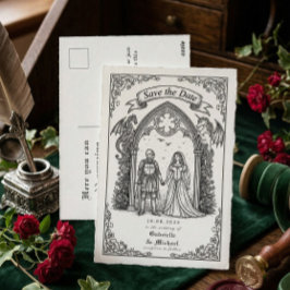 Cartão Postal Cavaleiro Gótico Medieval Noiva Noivo Salvar a Dat