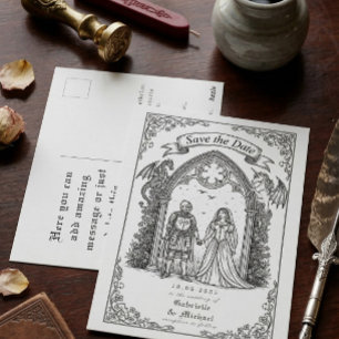Cartão Postal Cavaleiro Gótico Medieval Noiva Noivo Salvar a Dat