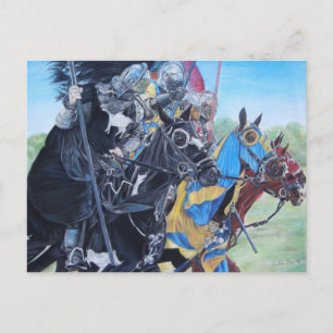 Cartão Postal cavaleiros medievais joujando em cavalos arte hist