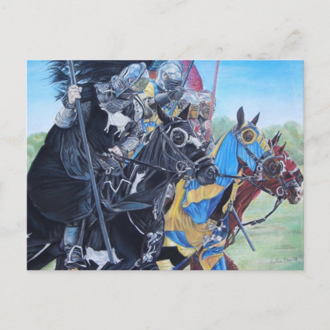 Cartão Postal cavaleiros medievais joujando em cavalos arte hist (Frente)
