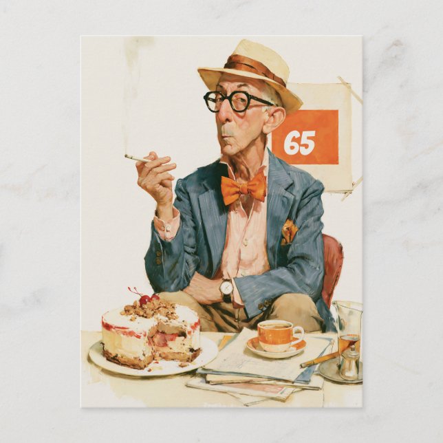 Cartão Postal Cavalheiro Elegante Com Café e Bolo (Frente)
