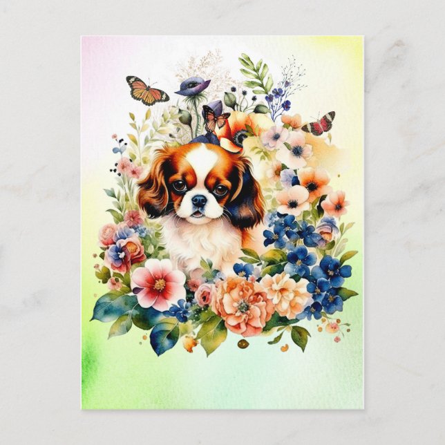 Cartão Postal Cavalier Cavalier King Charles Puppy em Flores (Frente)