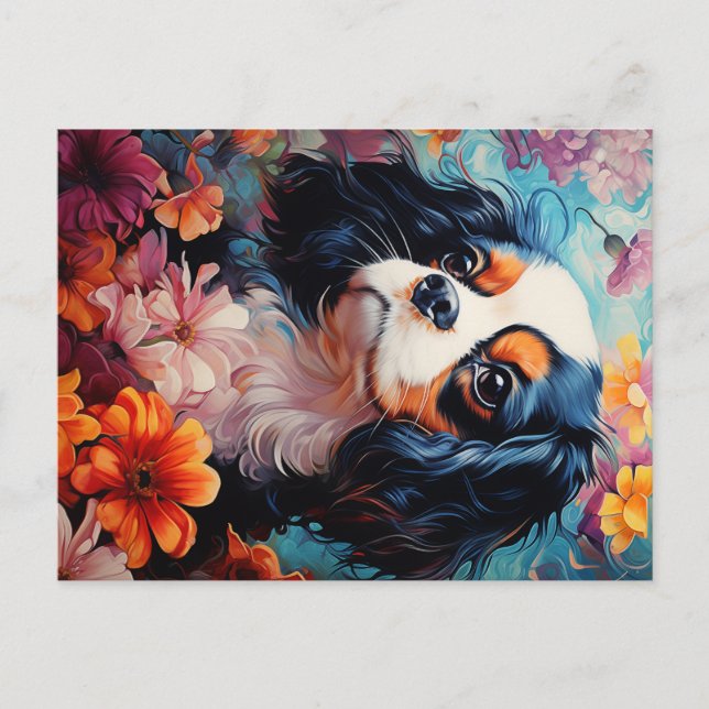 Cartão Postal Cavalier King Charles Spaniel em flores (Frente)