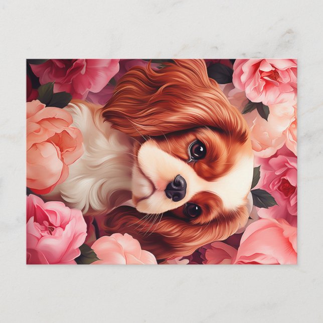 Cartão Postal Cavalier King Charles Spaniel em Rosas (Frente)