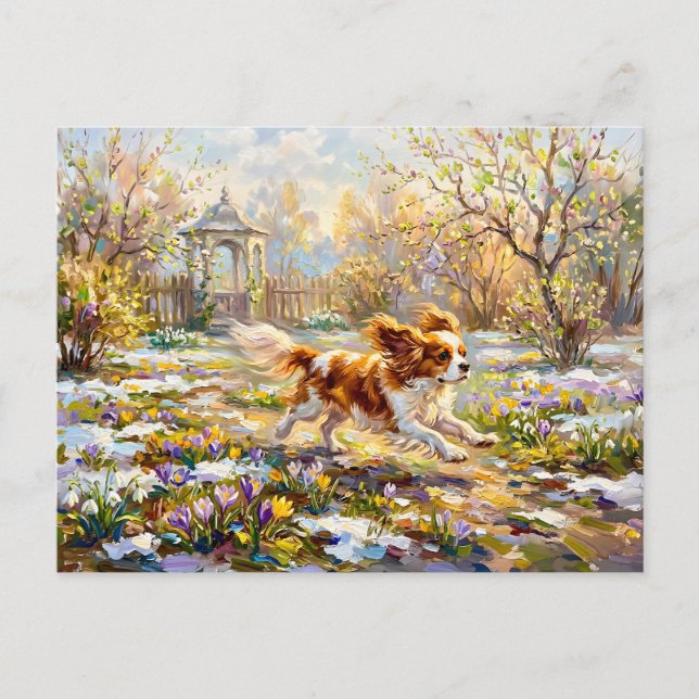 Cartão Postal Cavalier Spaniel no Jardim de Primavera em Flor (Frente)