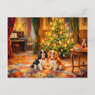 Cartão Postal Cavalier Spaniels junto à Árvore de Natal