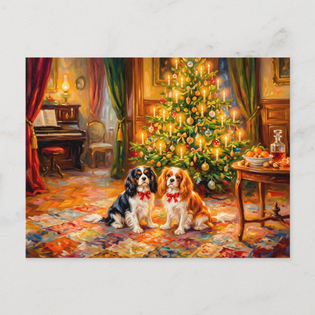 Cartão Postal Cavalier Spaniels junto à Árvore de Natal (Frente)