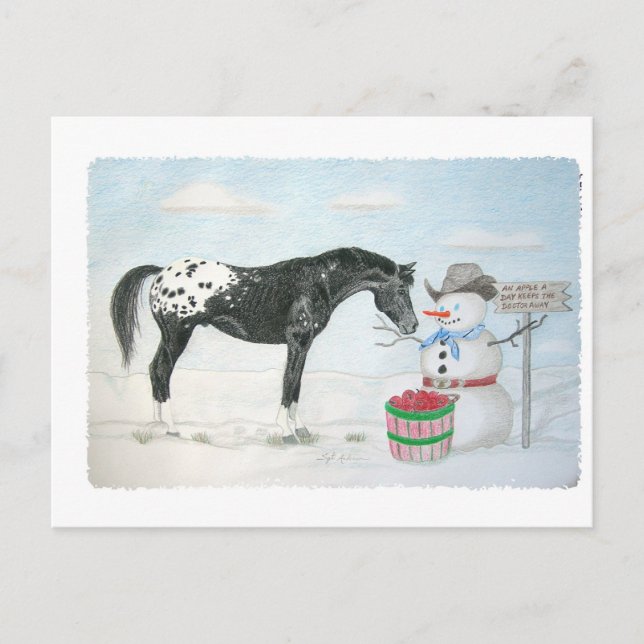 Cartão Postal Cavalo Appaloosa com boneco de neve retangular (Frente)