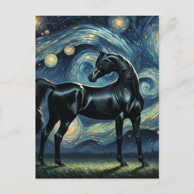 Cartão Postal Cavalo árabe negro na noite estelar de Van Gogh (Frente)