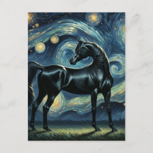 Cartão Postal Cavalo Árabe Preto na Noite Estrelada de Van Gogh
